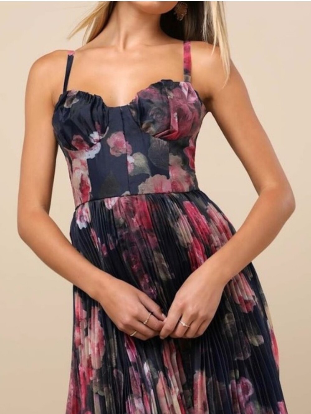 NWT Lulus Alluring Invite Midnight Blue Floral Pleated Bustier Midi Dress Medium